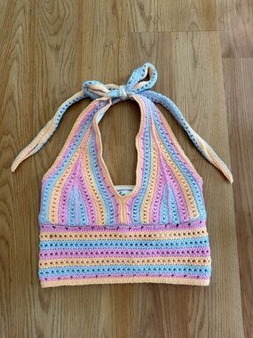 Hollister knit Crochet Halter Crop Top in Pastel Stripes XS